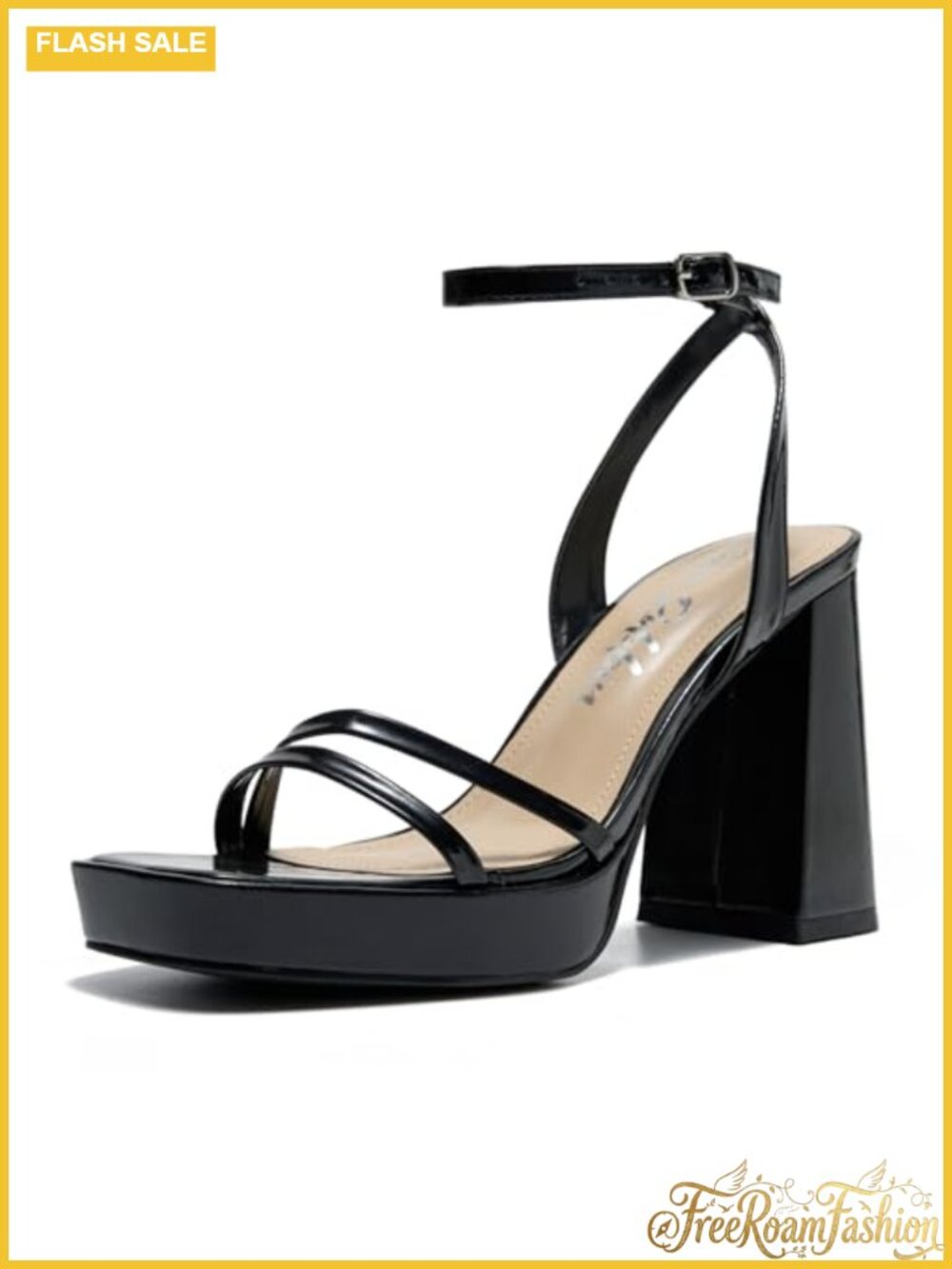 Metallic Platform Heels Strappy Ankle Strap Block Heel Sandals Square Open Toe